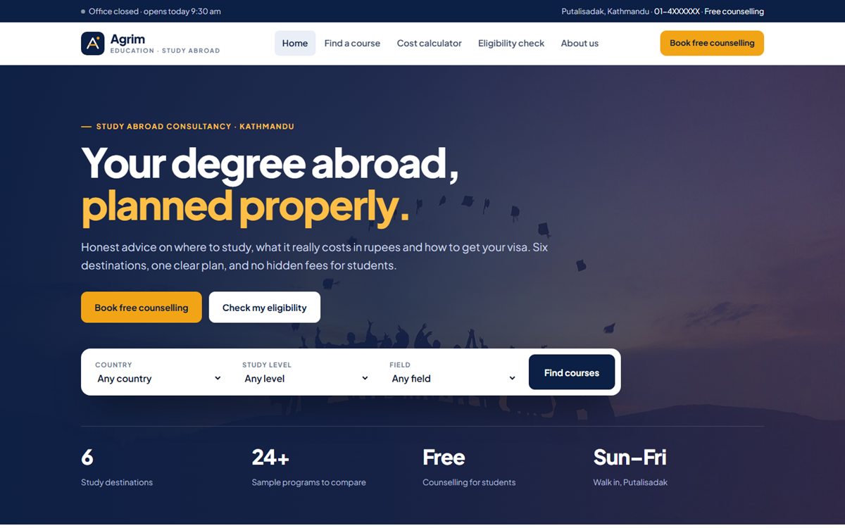 Agrim Education website, home page