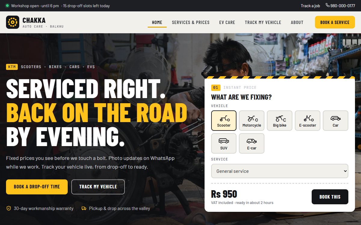 Chakka Auto Care home page with instant price card