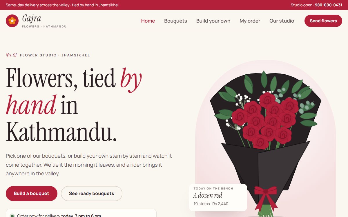 Gajra Flowers home page with a drawn bouquet