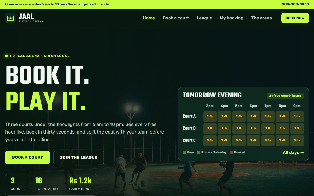 Jaal Futsal home page with the live court board