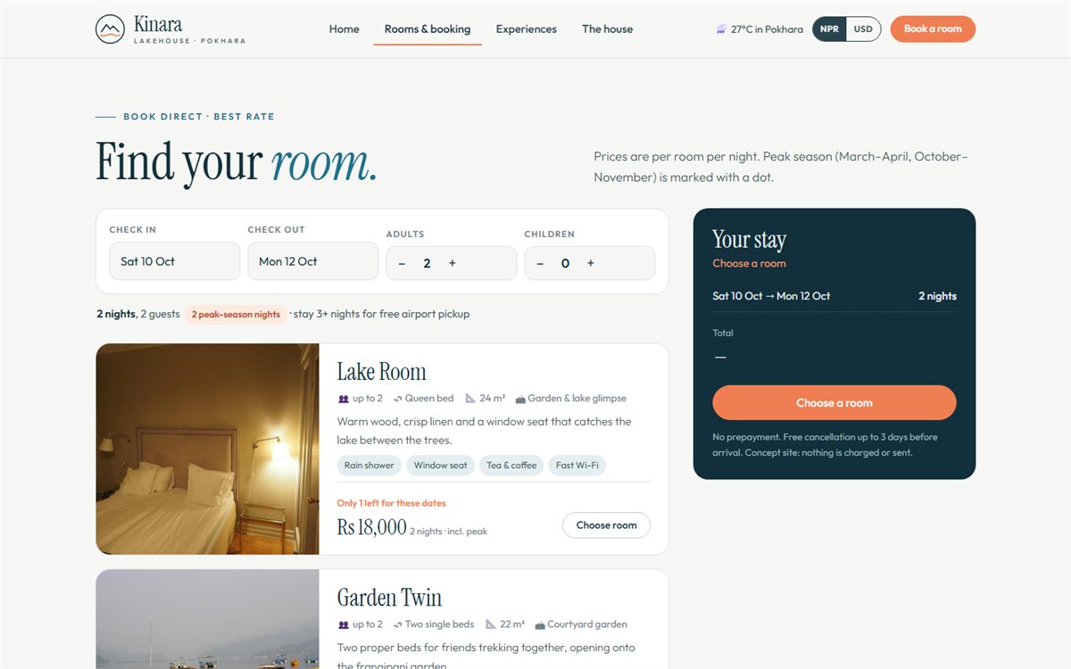 Kinara Lakehouse booking engine with room availability