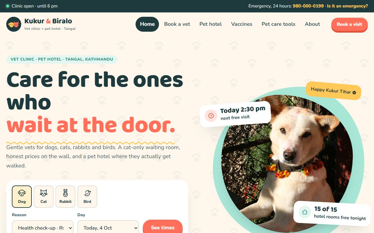 Kukur & Biralo home page with quick booking