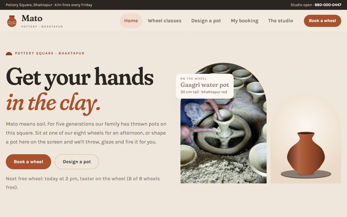 Mato Pottery home page with a spinning pot