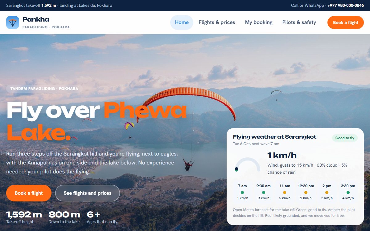 Pankha Paragliding home page with the live weather card