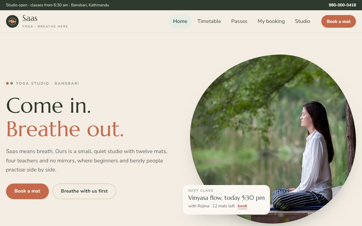 Saas Yoga home page