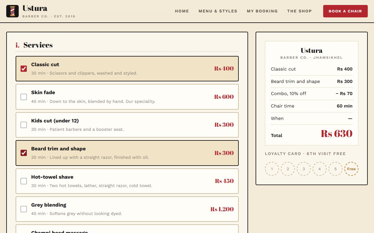 Ustura booking with services, barbers and times