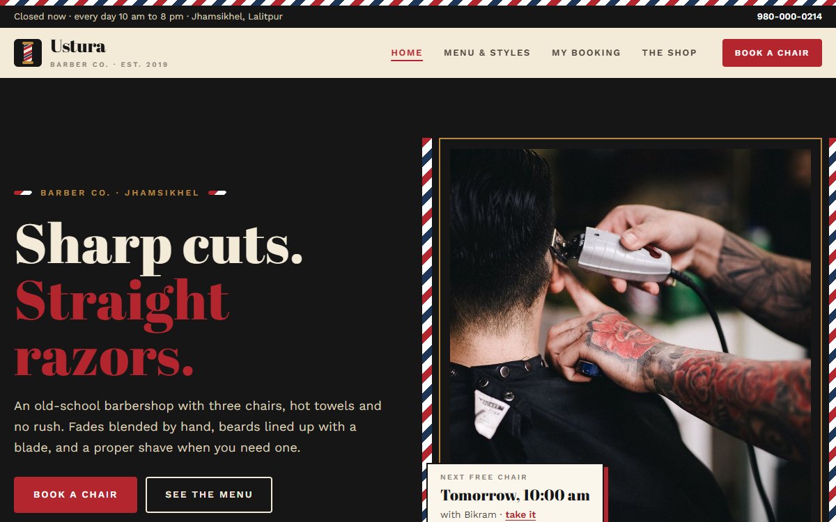 Ustura Barber Co. home page with the next free chair